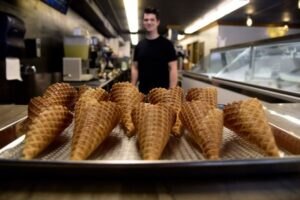 Row of Freshly Made Waffle Cones