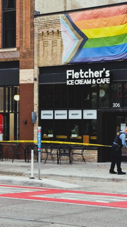 FletchersIceCreamCafe_FirebombMolatovCocktailVandalism_Donation Fletcher's Ice Cream & Cafe with all inclusive pride flag vandalism firebomb Molotov crime scene donation